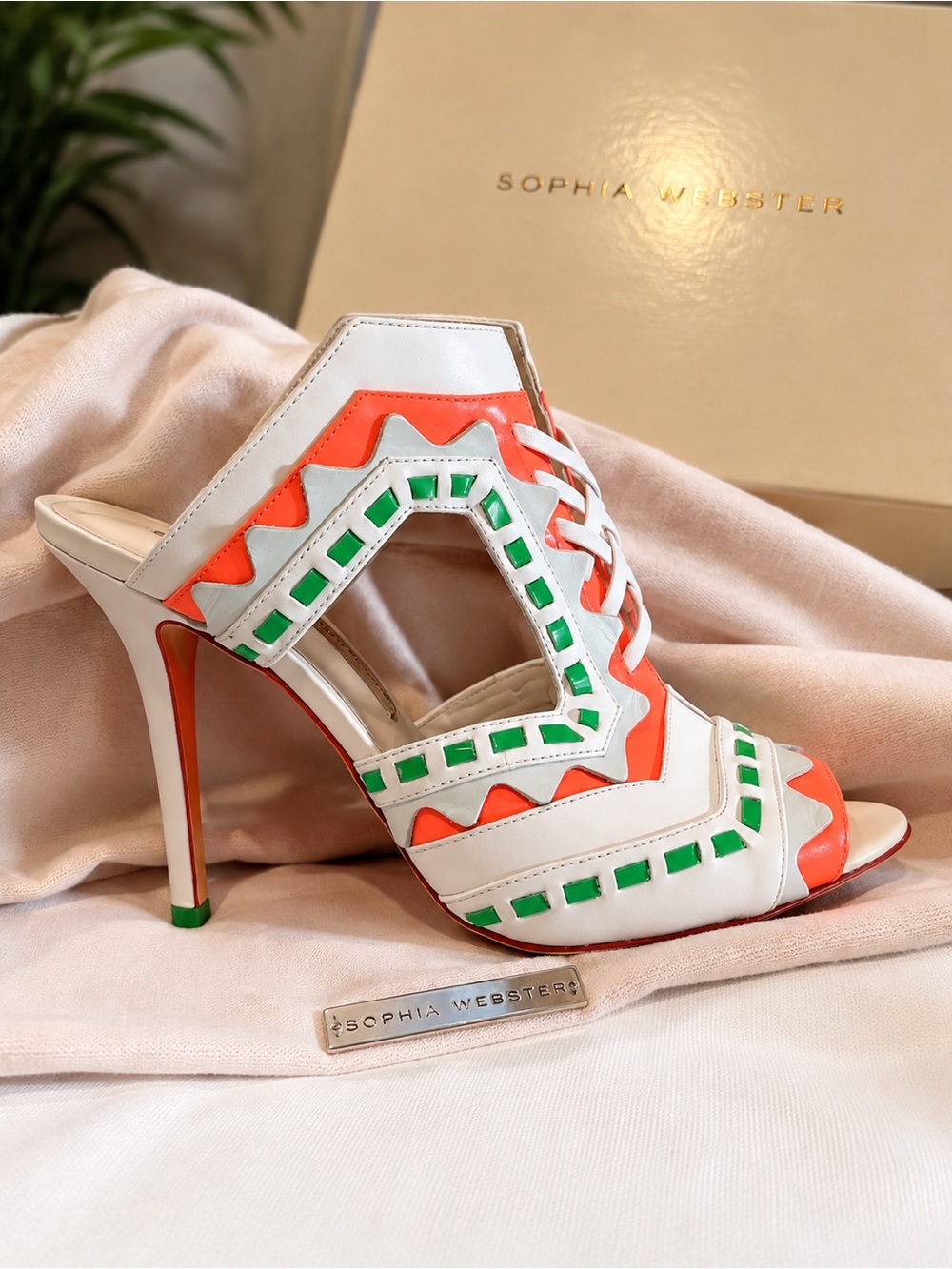 Sophia Webster White Coral Green Cutout High Heel Mule
